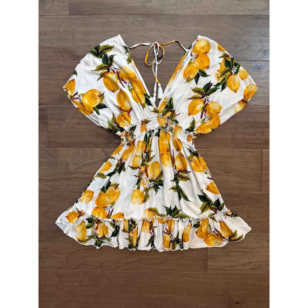 blue island White Mini Dress with Yellow Lemon Print
